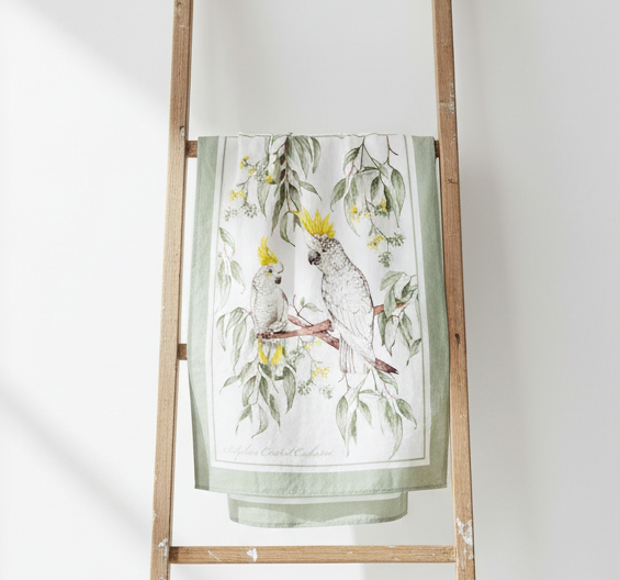 Linen Blend Tea Towel Sulphur Crested Cockatoo