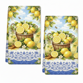 Set of two tea towels featuring yellow lemons, citrus blossom, green foliage and an ornate blue border, each 40 by 60 centimetres
