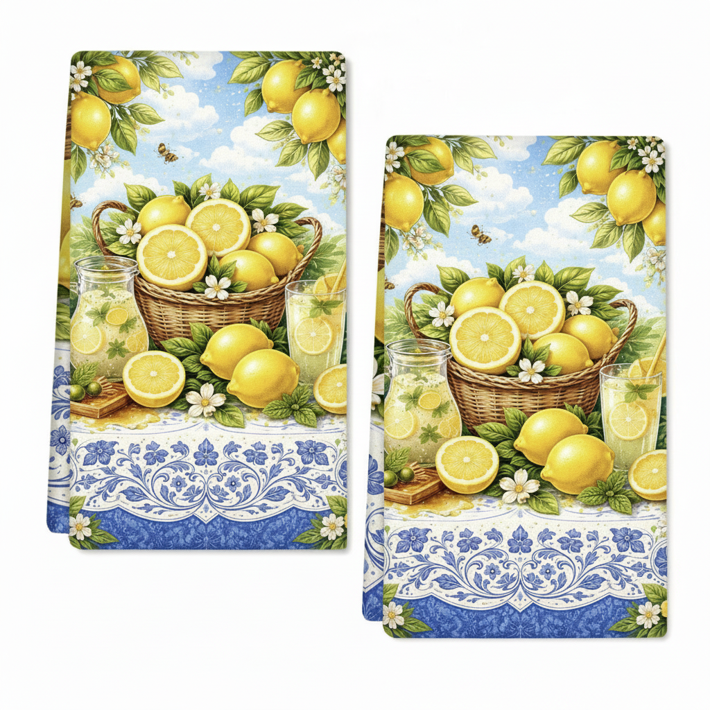 Set of two tea towels featuring yellow lemons, citrus blossom, green foliage and an ornate blue border, each 40 by 60 centimetres